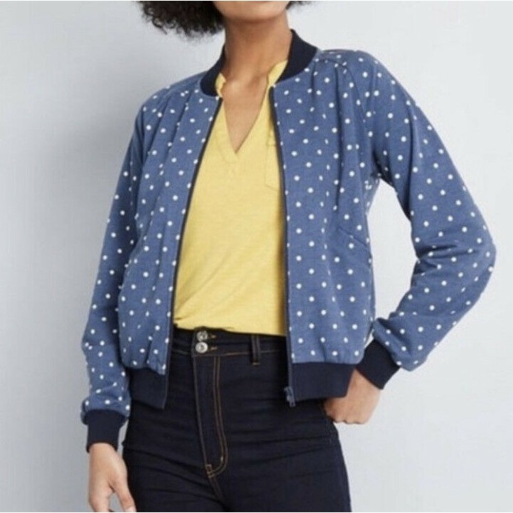 Modcloth Seen Around town blue white polka dot bomber jacket S - Picture 1 of 5